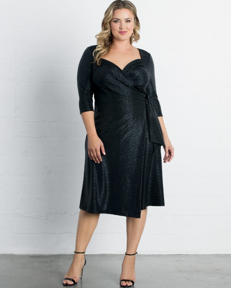 Front of a model wearing a size 0X Socialite Sweetheart Dress in BLACK SHIMMER by Kiyonna. | dia_product_style_image_id:274045